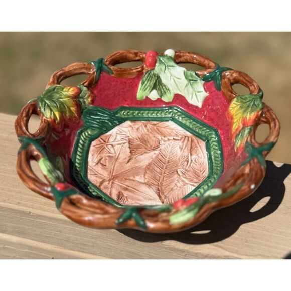 Fitz and Floyd Home Fragrance Potpourri Dish Ceramic Holly & Berry‎ Leaf Pattern - Picture 1 of 6